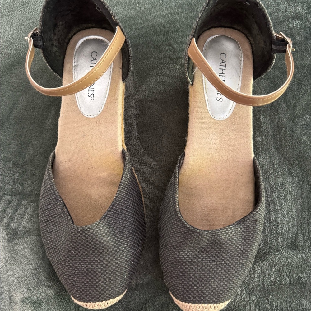 Catherines Black and Tan Espadrille Flats with Ankle Straps